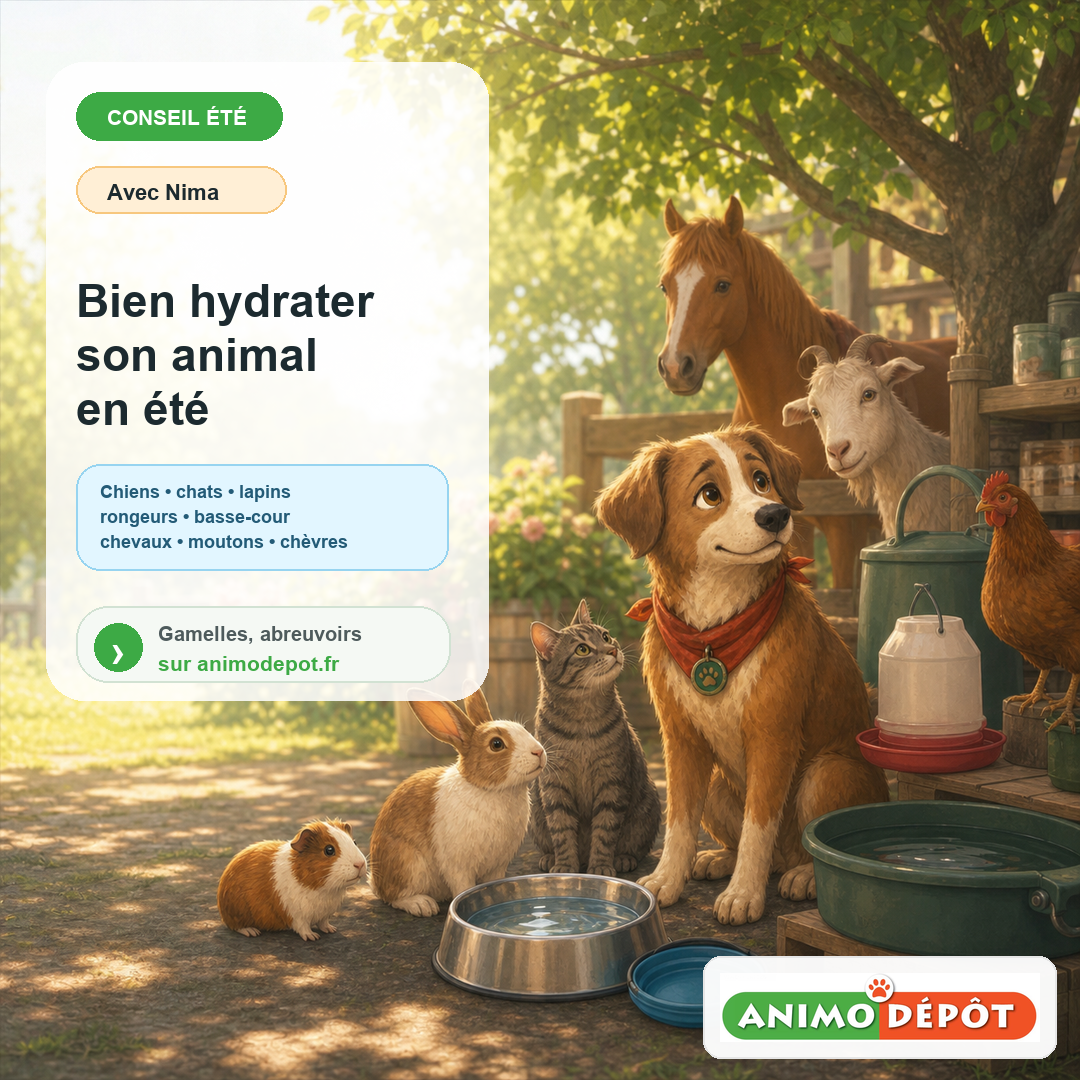 Bien hydrater son animal en été - conseils Animo Dépôt avec Nima et plusieurs animaux